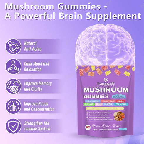 TWOHHACC Gummies Immune, Mushroom Supplement with Ashwagandha and Lions Mane, Maitake, Turkey Tail, Reishi, Chaga