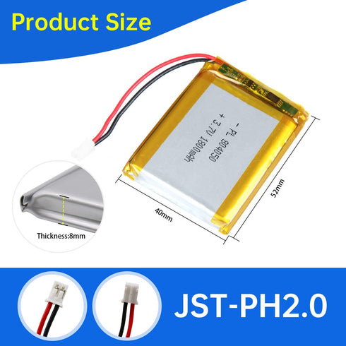 804050 3.7V Lipo Battery 1800mAh Rechargeable Lithium Polymer Pack with JST PH2.0mm Connector