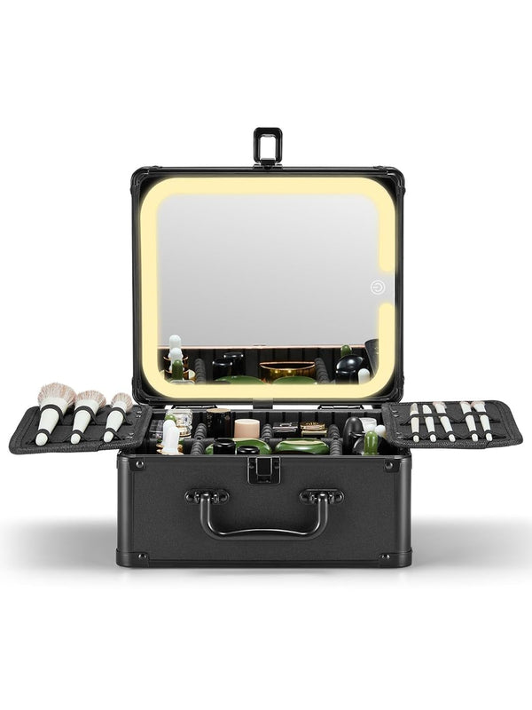 Qislee Makeup Box with Detachable Lighted Mirror, Waterproof Travel Case, Cosmetic Organizer with Adjustable Dividers
