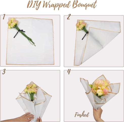 Gold Edge Flower Wrapping Paper, 20 Sheets White Waterproof Florist Bouquet Wrap 22.8*22.8 Inches for DIY Craft