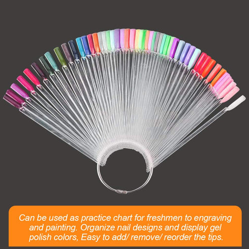 JASSINS 50 Pcs Nail Swatch Sticks with Ring, Numbered Tips for Nail Art Polish Practice