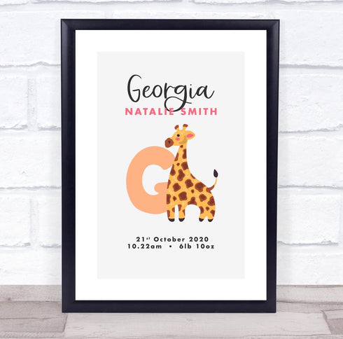 The Card Zoo New Baby Birth Details Christening Nursery Initial G Giraffe Keepsake Gift Print