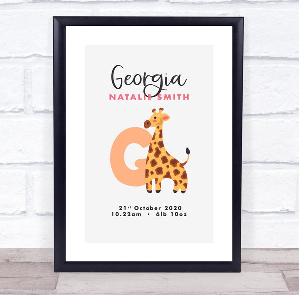 The Card Zoo New Baby Birth Details Christening Nursery Initial G Giraffe Keepsake Gift Print