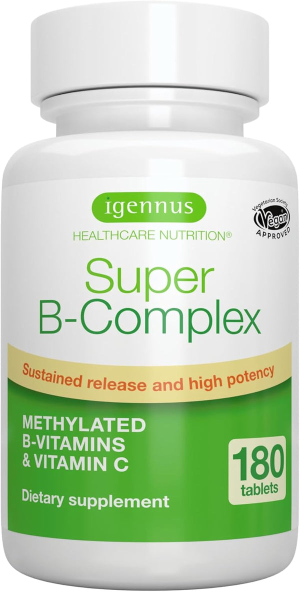 Igennus Super B-Complex Methylated B-Vitamins, MTHFR Supplement with Methylfolate & B12, Vegan, 180 Small Tablets