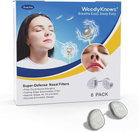 WoodyKnows Super-Defense Nasal Filters, 6 Pack, Narrow M, for Seasonal Allergies & Pollution Protection