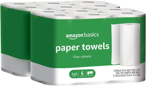 Amazon Basics 2-Ply Flex-Sheets Paper Towels, 12 Basics Rolls = 32 Regular Rolls, 150 Sheets