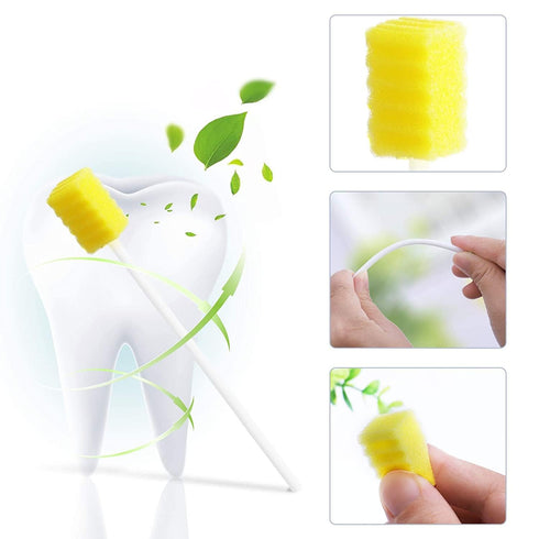 100 Pack Disposable Oral Swabs: Sterile Dental Sponge Swabsticks for Mouth & Gum Cleaning - Unflavored, Yellow
