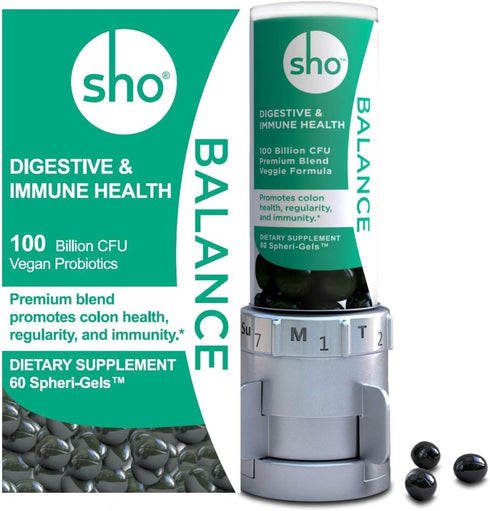 SHO Balance 100 Billion CFU Prebiotics & Probiotics - Vegan Supplement for Digestive Health, 60 Softgels