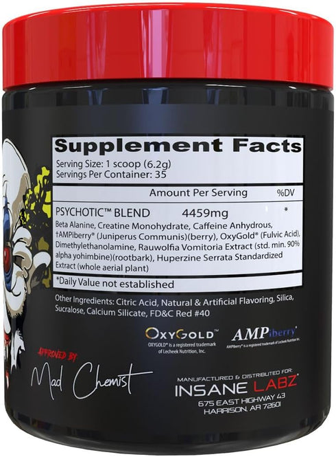 Insane Labz Psychotic High Stimulant Pre Workout Powder, Extreme Energy, Focus and Endurance, 35 Servings