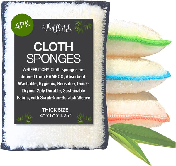 Whiffkitch Bamboo Fiber Kitchen Sponges, Washable Non Scratch Dish Sponge Set for Dishes & Countertops, 4-Pack