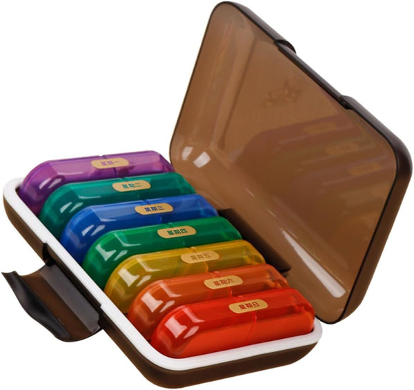Weekly Pill Organizer Portable Medicine Case with Multi-Color Compartments, Compact Travel Organizer