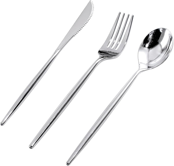 Rubtlamp 90Pcs Silver Plastic Silverware, Heavy Duty Plastic Cutlery Set Includes 30 Plastic Silver Knives, 60 Plastic
