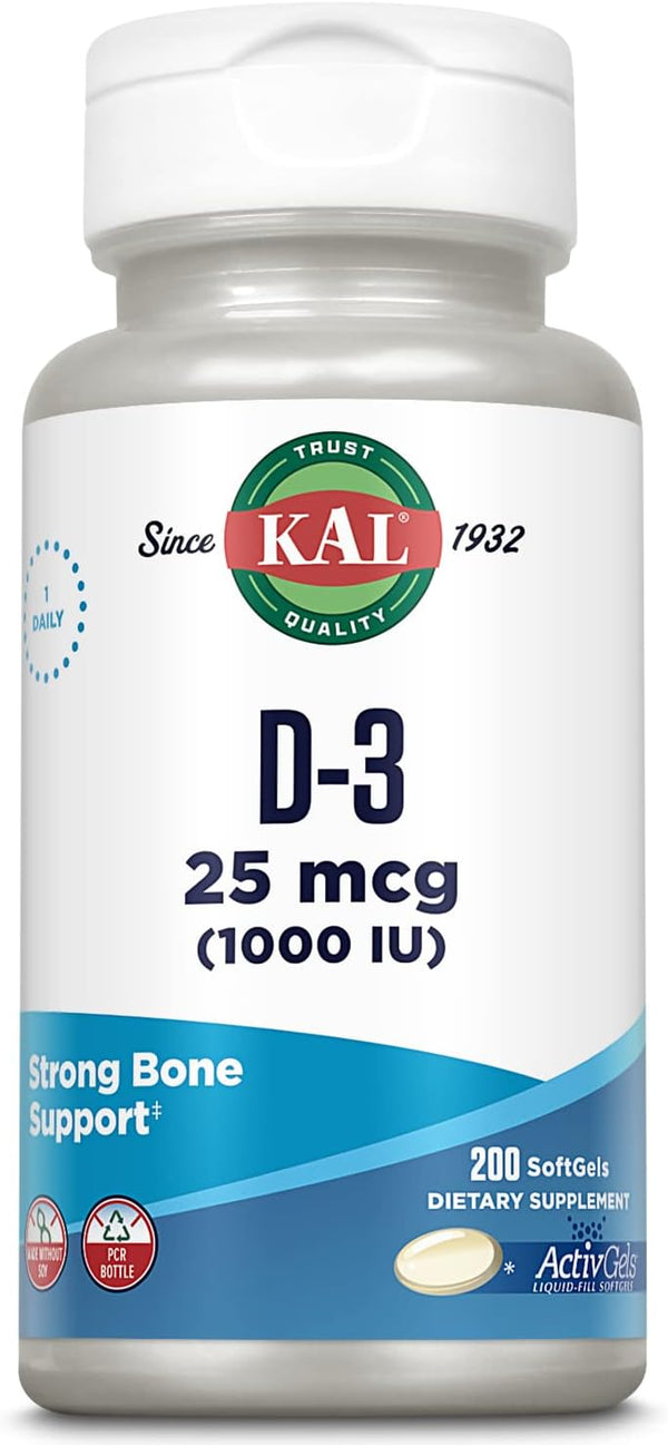 KAL Vitamin D3 1000 IU Softgels (25 mcg), Liquid Filled ActivGel, 200 Servings for Bone Health