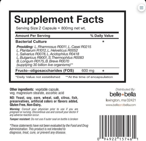 Belle and Bella Probiotic Skin Therapy for Clear Skin | Dual Action Prebiotic + Probiotic | 30 Billion CFU | 30