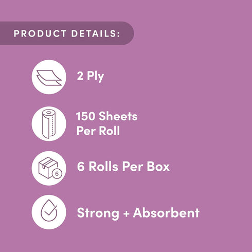 Amazon Aware 100% Bamboo Paper Towels, 6 Rolls, 2 Ply, FSC Certified, 150 Sheets, 900 Count, Plastic-Free, Multicolor