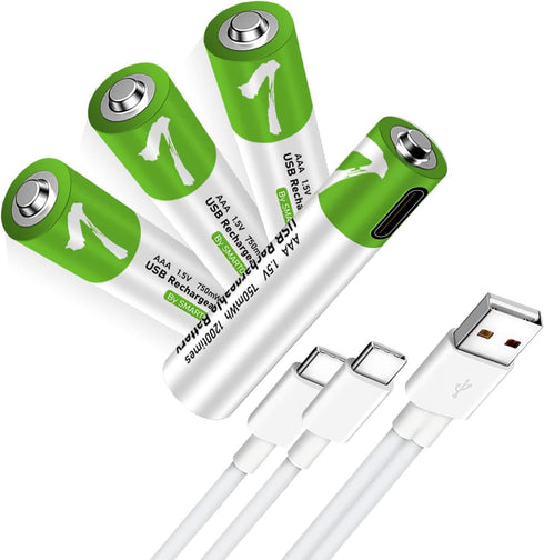 4 Pack AAA Rechargeable Batteries, Lithium-ion 750mWh, 1.5V with USB Type C Port Charger