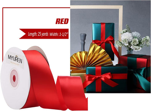 1-1/2" Wide Double Faced Red Polyester Satin Ribbon for Crafts, Gift Wrapping, Bow Making, Party Decoration (25 Yards)