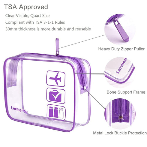 Lermende 2pcs Clear Toiletry Bag, TSA Approved Travel Bag, Quart Sized Makeup Cosmetic Bag (Purple, 3 Pack)