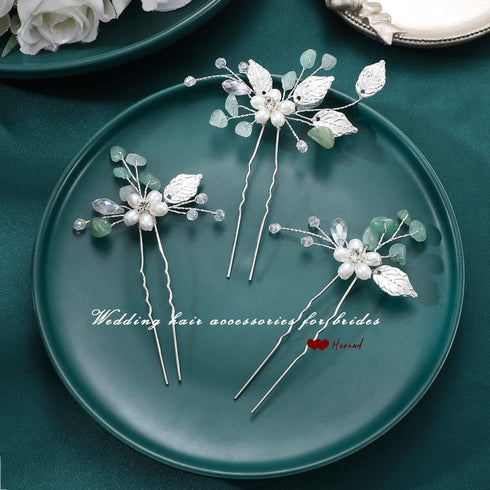 Heread Silver Leaf Bridal Hair Accessories Pearl Flower Hair Pins with Green Opal Rhinestones (Pack of 3)