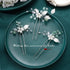 Heread Silver Leaf Bridal Hair Accessories Pearl Flower Hair Pins with Green Opal Rhinestones (Pack of 3)