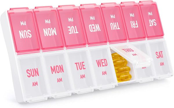 Stylish Weekly Pill Organizer 7 Day AM PM, Large Compartments, Easy to Use, BPA-Free Pill Case for Vitamins, Supplements
