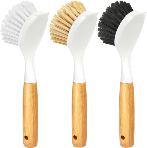 Holikme 3 Pack Dish Brush Set, Bamboo Handle Kitchen Scrub Brush for Cleaning Dish, Pot, Sink, and Stove