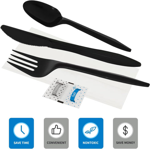 50Pack Plastic Cutlery Packets, Knife Fork Spoon Napkin Sets, Individually Wrapped Black Plastic Cutlery for Delivery