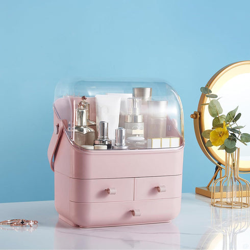 SUNFICON Preppy Skincare Organizer, Pink Makeup Holder with Large Display Case and Dust Free Cover, 2 Roomy Drawers