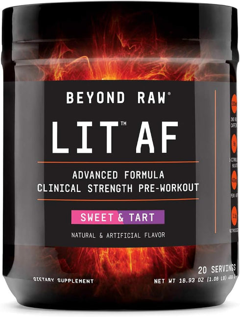 BEYOND RAW LIT AF Pre-Workout Powder | Advanced Formula | 20 Servings | Sweet & Tart | Contains Caffeine, L-Citruline,