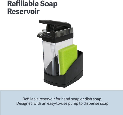 Casabella Sink Sider Solo Kitchen Soap Pump and Sponge Caddy - Black/Chrome 2-in-1 Design