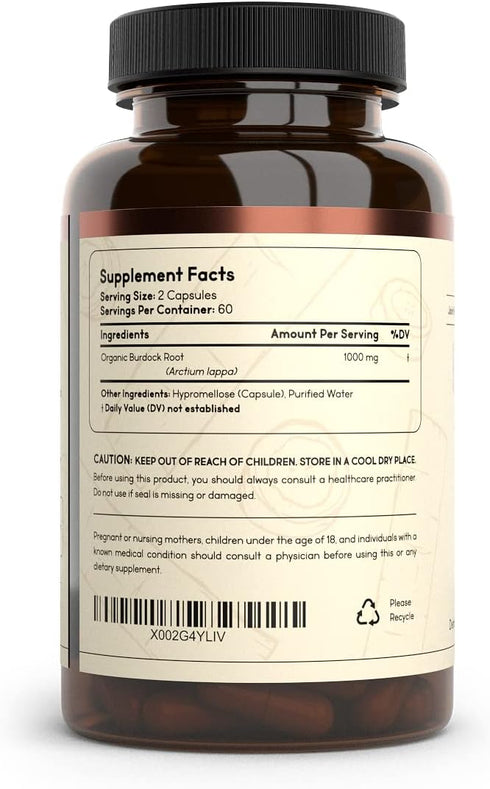 Organic Burdock Root Capsules 1000 mg, 60 Servings for Circulation, Blood, Immune, Thyroid, Skin, Joint Support