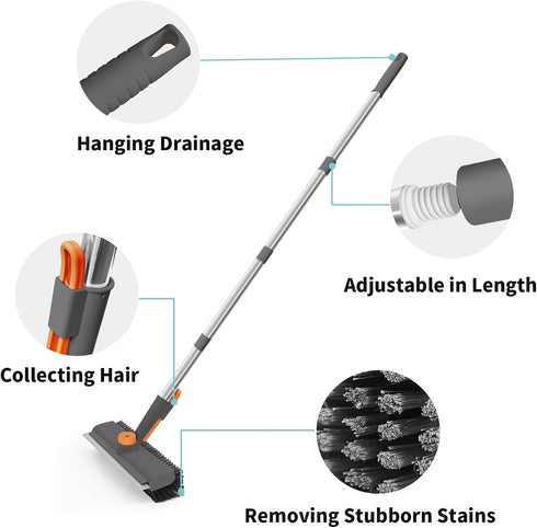 Floor Scrub Brush with Long Handle, Household Cleaning Brush with Right Angled Bristle & Scraper, 360° Swivel Heads