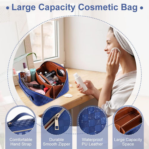 Large Capacity Travel Cosmetic Bag, Waterproof Plaid Checkered Makeup Bag with Handle and Divider for Women