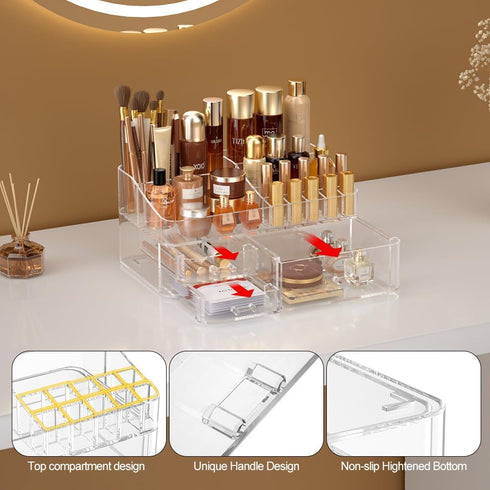 Makeup Organizer for Vanity, Large Acrylic Desk Holder with Drawers, Ideal for Cosmetics, Lipsticks, Nail Polish,