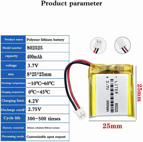 Liter energy battery 3.7V 802525 400mAh Pack 2.0mm Lithium Polymer ion Battery Rechargeable Polymer Battery with JST