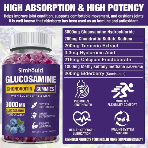 Glucosamine Chondroitin Gummies - 3000MG Extra Strength Joint Support Supplement with MSM & Elderberry, Flexibility, Antioxidant Immune Support Gummy for Adults, Men & Women