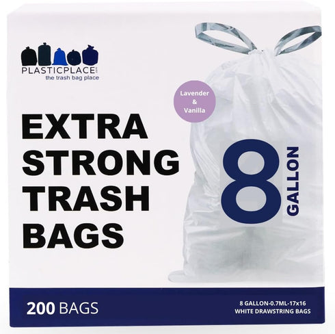 Plasticplace 8 Gallon Trash Bags ¦ 0.7 Mil ¦ Lavender and Soft Vanilla Scented Garbage Can Liners ¦ 22" x 22" (200 Count), White by Plasticplace
