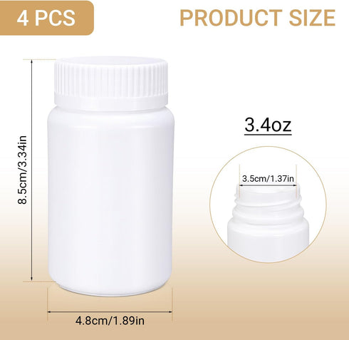 Empty Plastic Pill Bottle 100cc, 4 Pack, Smooth Screw Lid for Liquid, Solid, Powder, Reagent Chemical Container