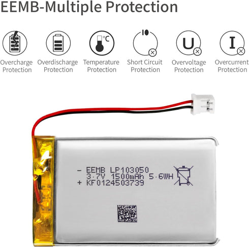 EEMB 3.7V 1500mAh 103050 Lipo Lithium Polymer Battery Pack with Wire JST Connector for Speaker and Wireless Device