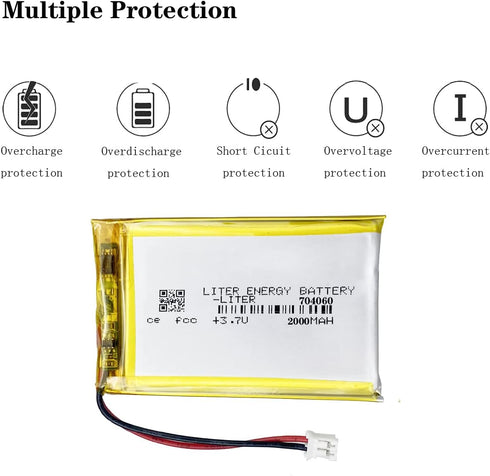Liter Energy 3.7V Lipo Battery 2000mAh, Rechargeable Lithium Polymer 704060 with JST Connector