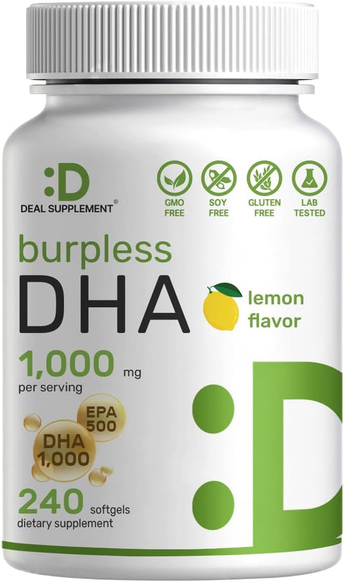 DEAL SUPPLEMENT DHA Supplements - 240 Softgels, Burpless, Lemon Flavor, 1000mg DHA + 500mg EPA