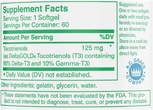 A.C. Grace Company Unique E Tocotrienols, Tocopherol Free Softgels, 60 Count