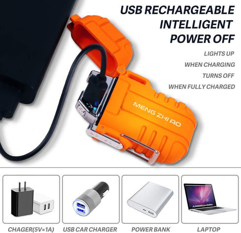 Outdoors Waterproof Lighter - USB Electronic Rechargeable Double Arc Plasma Lighter for Camping, Hiking, BBQ (Orange)