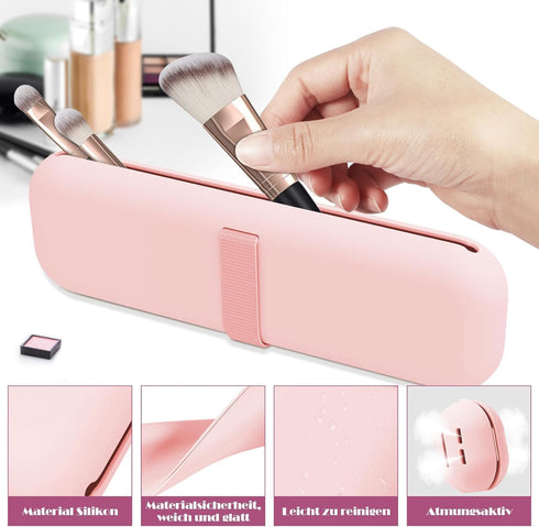 2 x Portable Cosmetic Bag with Adhesive Tape, Silicone Makeup Brush Holder & Sponge Holder, Light Pink