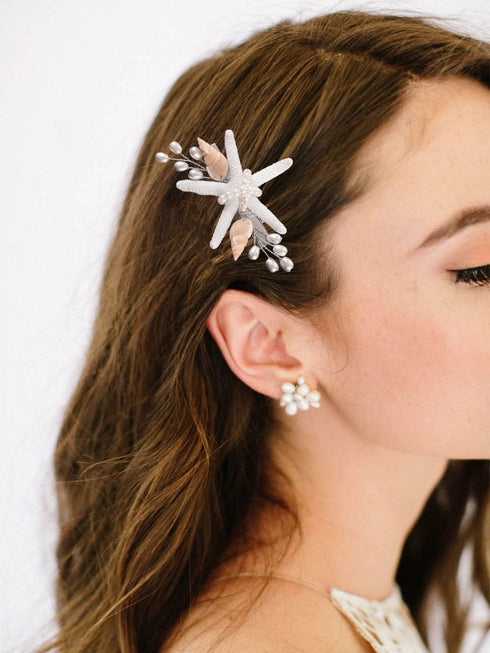 Yean Starfish Wedding Hair Clip, Silver Beach Bridal Hair Accessories, Pearl SeaShell Hair Piece for Women