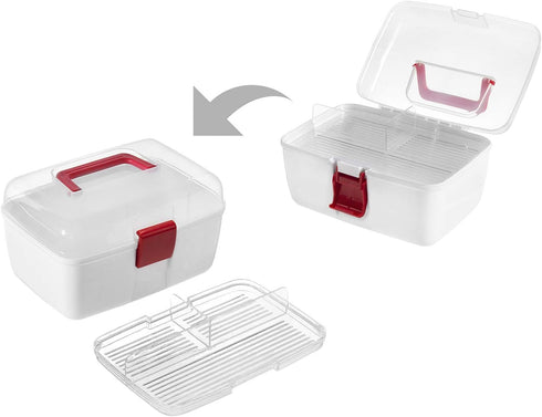 MyGift 10 Inch Portable White Plastic Storage Box with Removable Tray, Clear Lid, Red Handle and Latch Lock