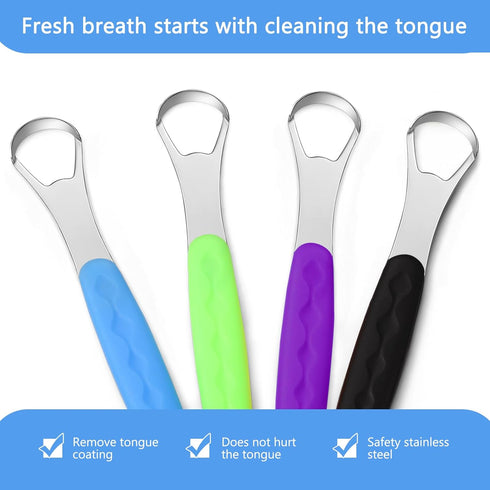 4 Pcs Stainless Steel Tongue Scraper Cleaner for Adults and Kids, Travel Cases for Oral Mouth Care (Green, Blue, Black,