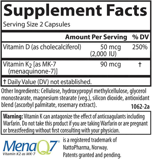 Carlson Vitamin D3 + K2, 50 mcg (2000 IU) Vitamin D3 & 90 mcg Vitamin K2, 120 Capsules