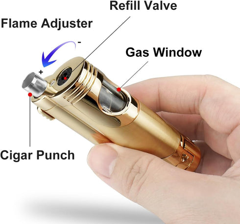 Cigar Torch Lighter with Punch, Butane Refillable, 2 Jet Flame, Windproof (Gold)