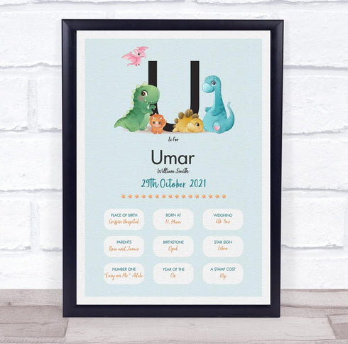 The Card Zoo New Baby Birth Details Christening Nursery Dinosaur Initial U Gift Print